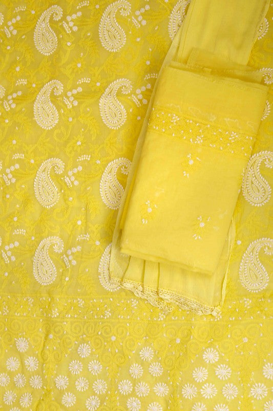 Ada Hand Embroidered Yellow Cotton Lucknowi Chikan Unstitched Suit Piece-A211118