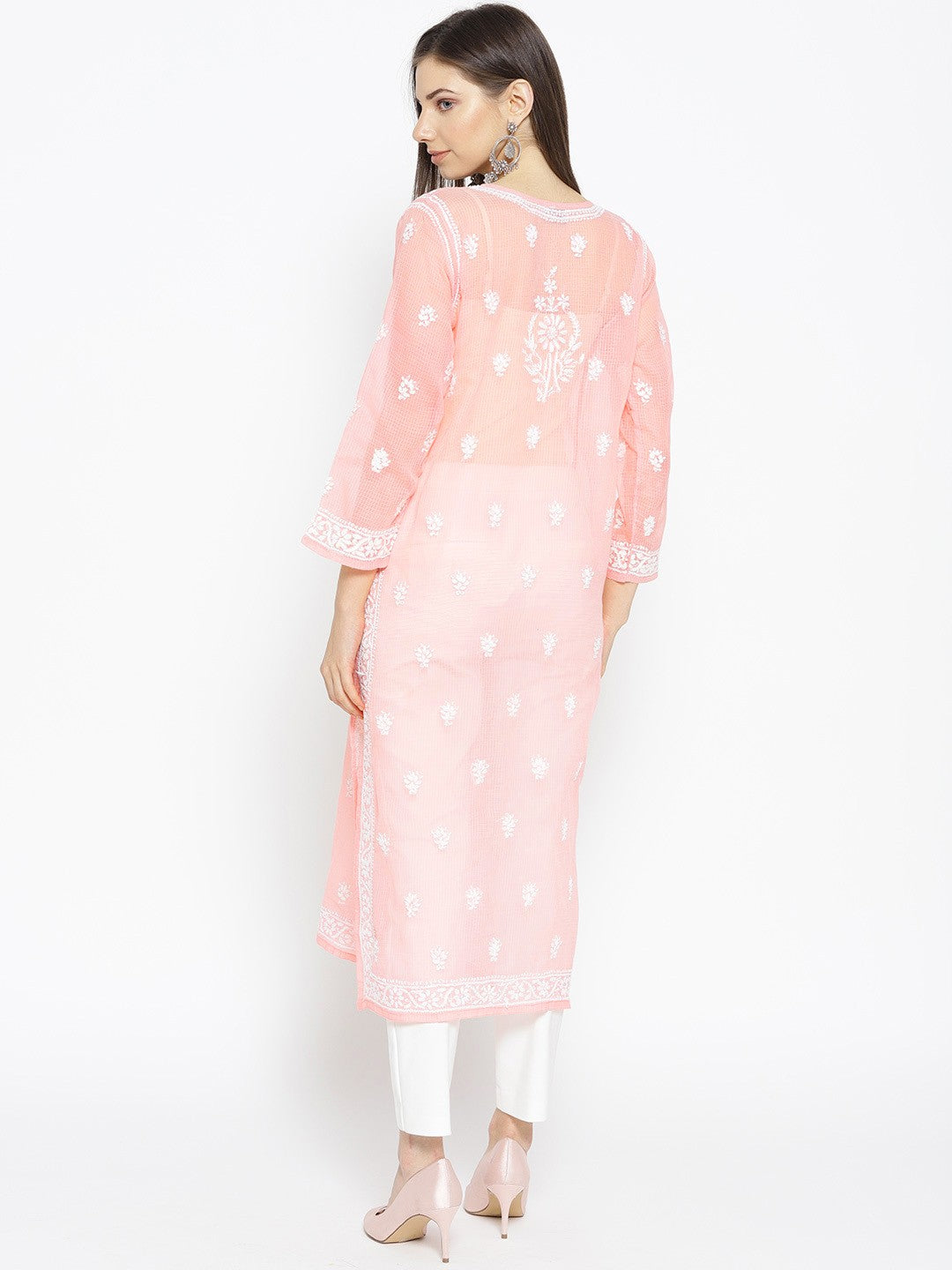 Ada Hand Embroidered Peach Kota Lucknowi Chikankari Straight Kurta With Slip A100119