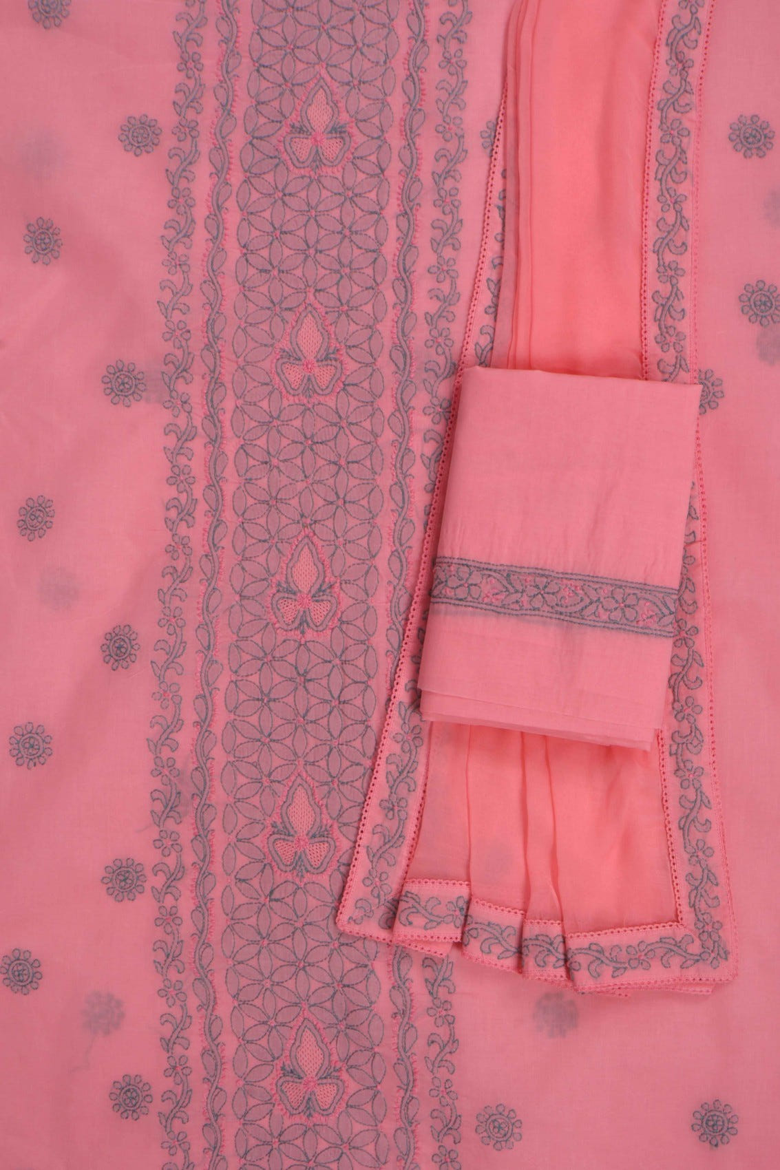 Ada Hand Embroidered Peach Cotton Lucknowi Chikankari Unstitched Suit Piece 01A275159