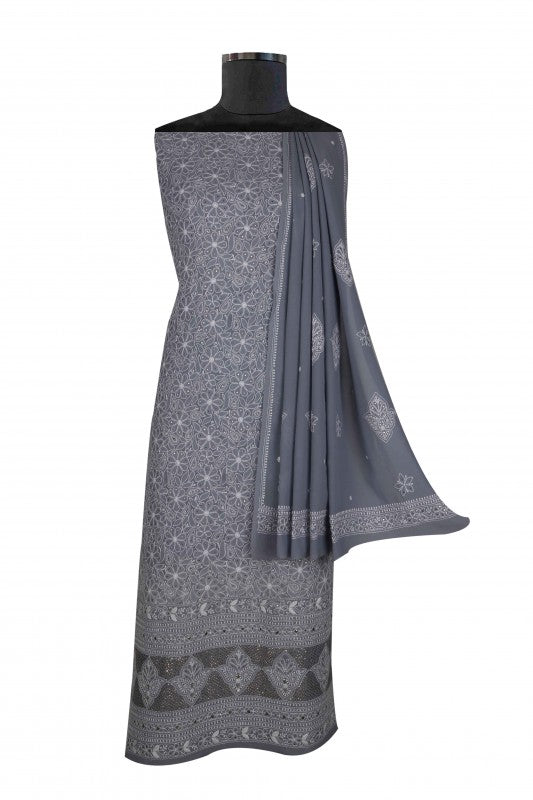 Ada Hand Embroidered Grey Georgette Unstitched Kurta Dupatta Set A526842