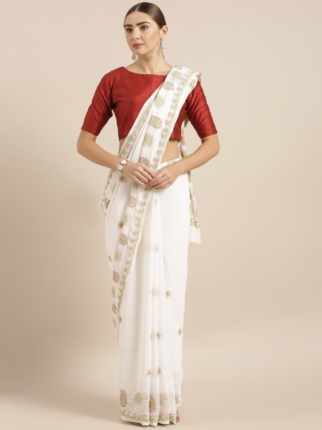 Ada Hand Embroidered White Georgette Lucknow Chikan Saree with Blouse A100116