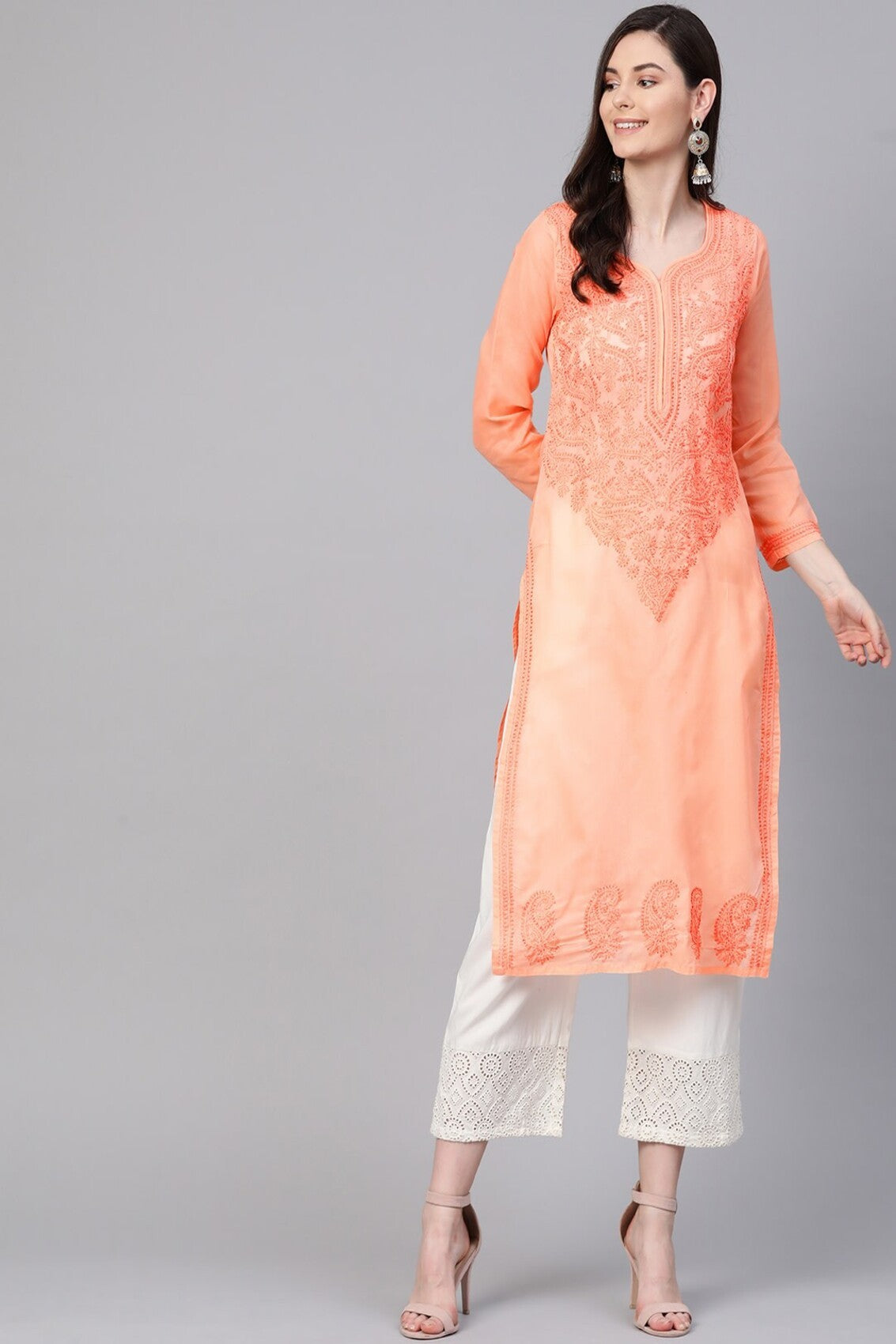 Ada Hand Embroidered Peach Cotton Lucknowi Chikankari Straight Kurta A100369