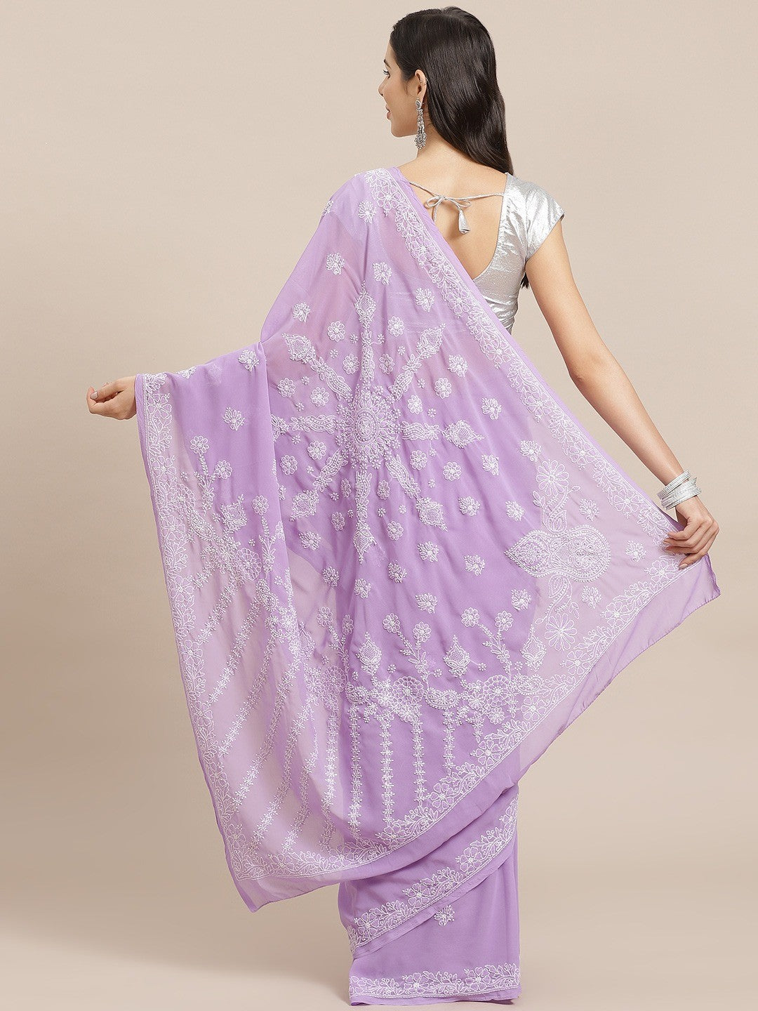 Ada Hand Embroidered Mauve Georgette Lucknow Chikan Saree with Blouse A129584