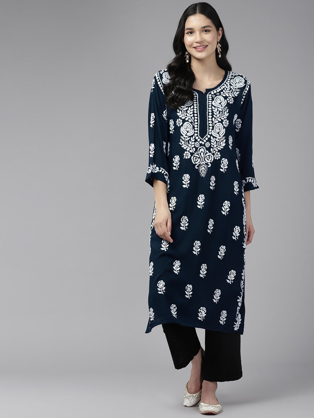Ada Hand Embroidered Navy Blue Rayon Lucknowi Chikankari Straight Kurta A411447