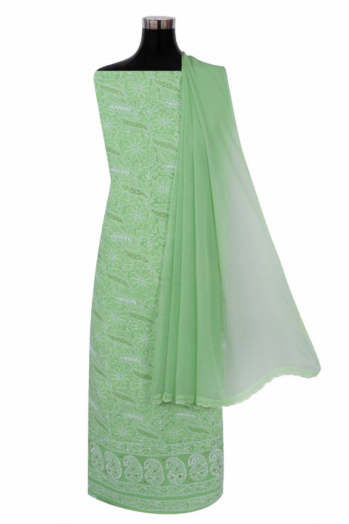 Ada Hand Embroidered Green Cotton Lucknowi Chikankari Unstitched Suit Piece With Muqaish Work 01A91019