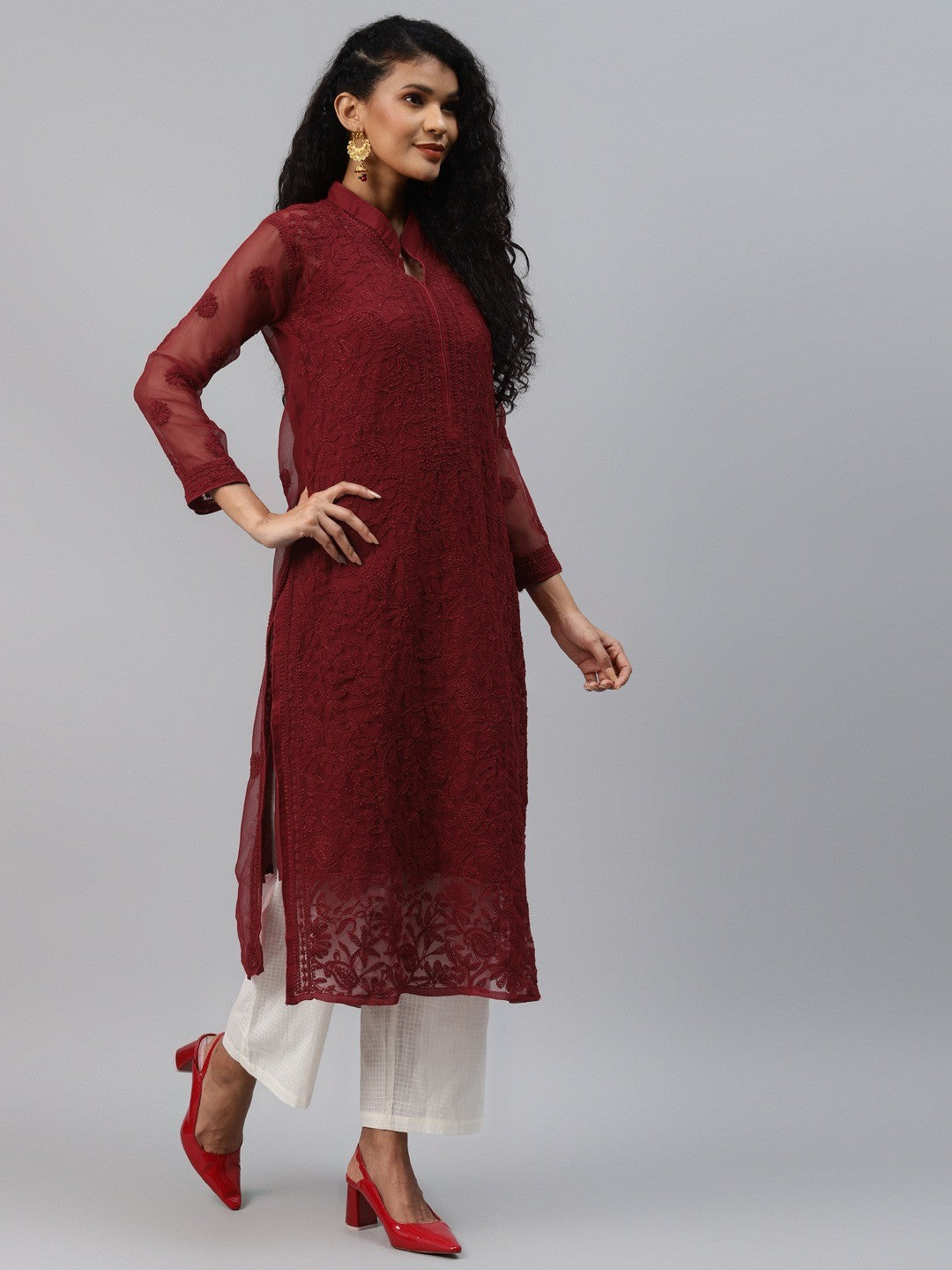 Ada Hand Embroidered Maroon Georgette Lucknowi Chikan Kurta with Slip A225023