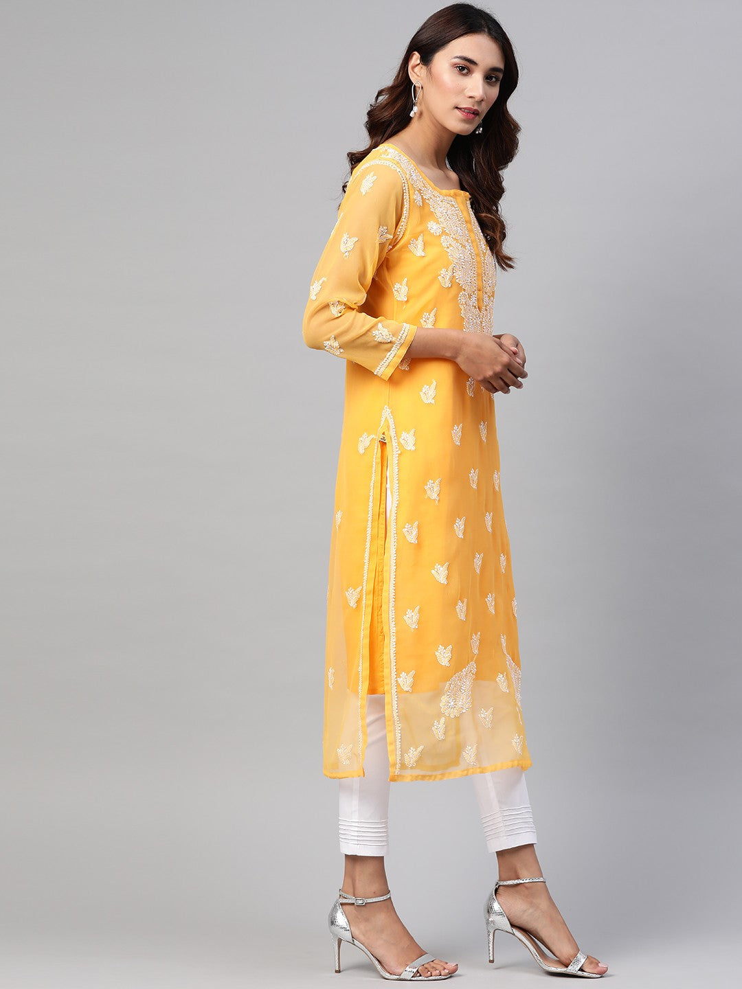 Ada Hand Embroidered Mustard Georgette Lucknowi Chikankari Straight Kurta Set With Slip A811164