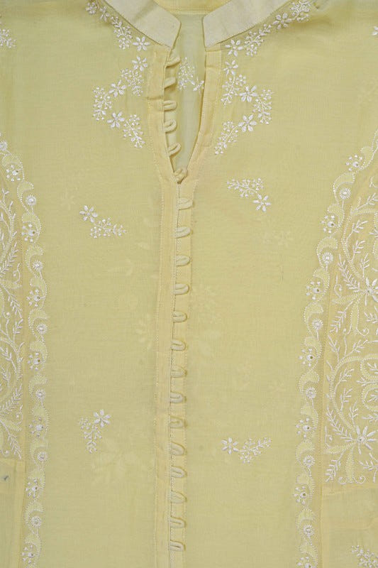 Ada Hand Embroidered Lemon Chanderi Lucknowi Chikankari Semi-Stitched Anarkali Kurta Dupatta Set 01A22105