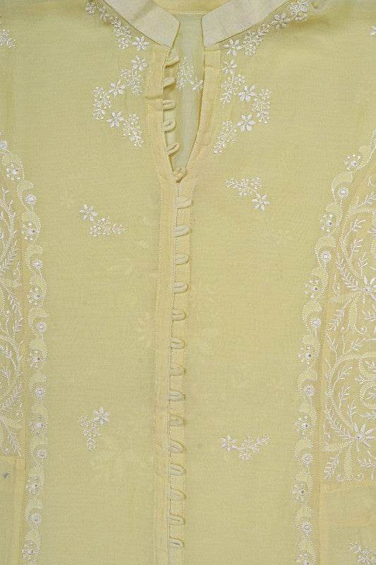 Ada Hand Embroidered Lemon Chanderi Lucknowi Chikankari Semi-Stitched Anarkali Kurta Dupatta Set 01A22105