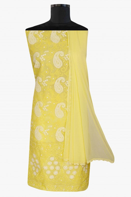 Ada Hand Embroidered Yellow Cotton Lucknowi Chikan Unstitched Suit Piece-A211118