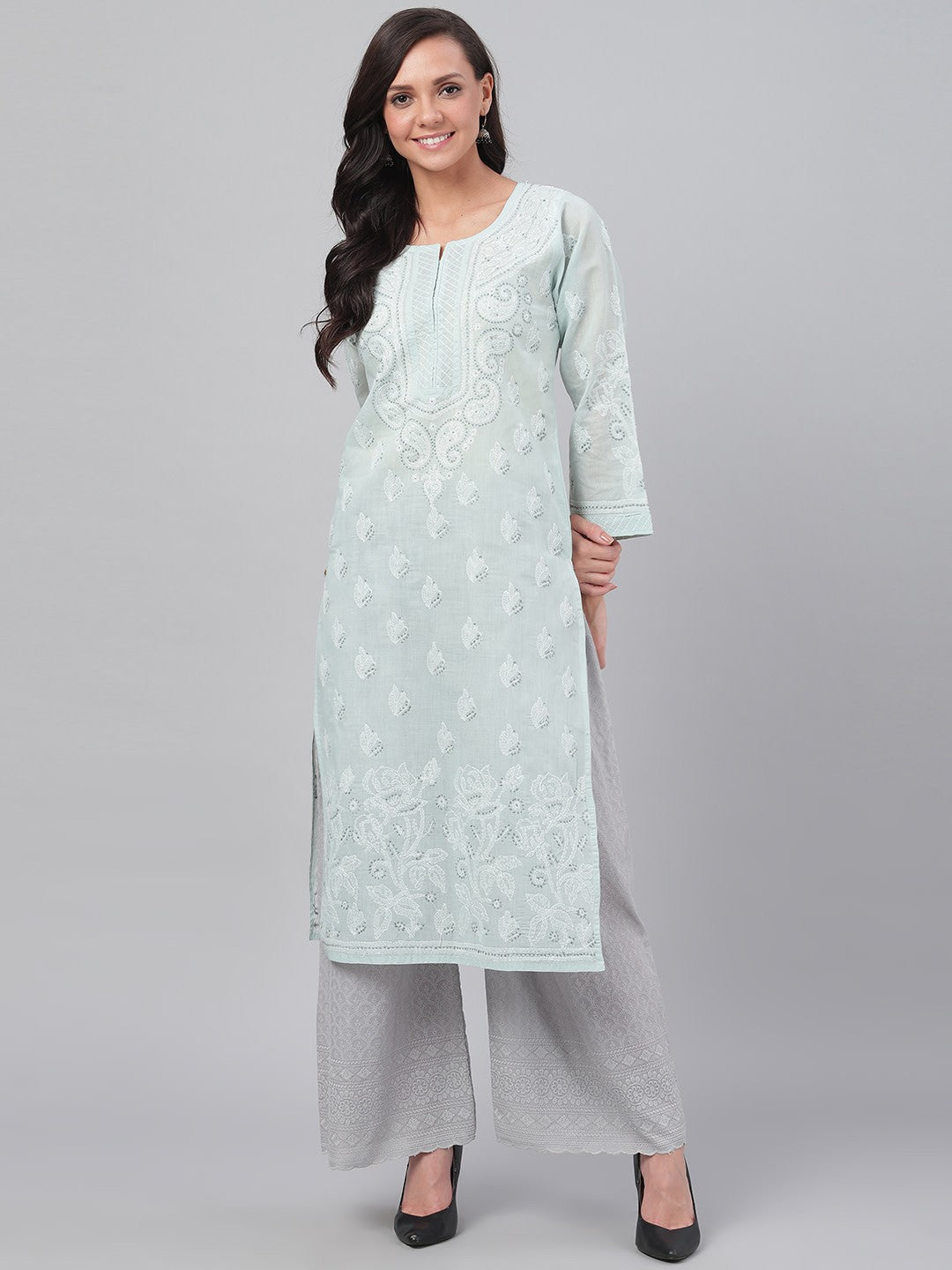 Ada Hand Embroidered Grey Cotton Lucknowi Chikankari Straight Kurta A230001