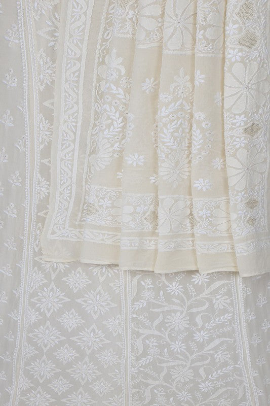 Ada Hand Embroidered White Pure Georgette Lucknowi Chikankari Lehenga Set A594297