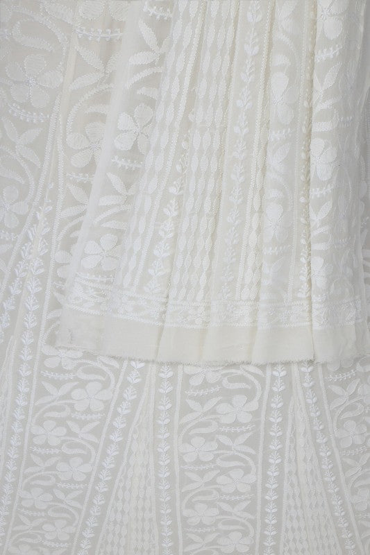 Ada Hand Embroidered White Pure Georgette Lucknowi Chikankari Lehenga Set A454704