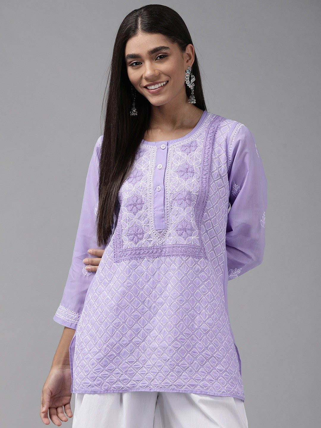 Ada Hand Embroidered Mauve Cotton Lucknowi Chikankari Straight Kurti A911237