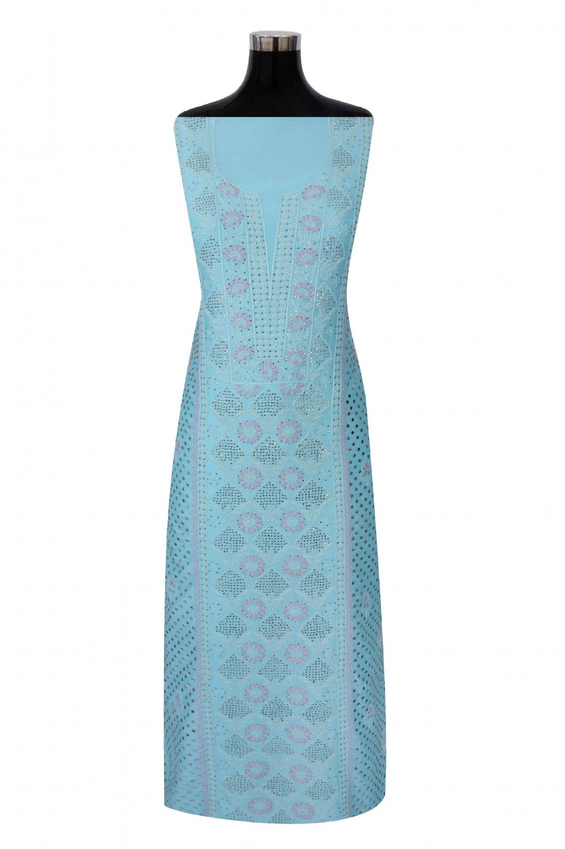 Ada Hand Embroidered Sky Blue Chanderi Lucknowi Chikankari Unstitched Suit Piece With Muqaish Work 01A195541