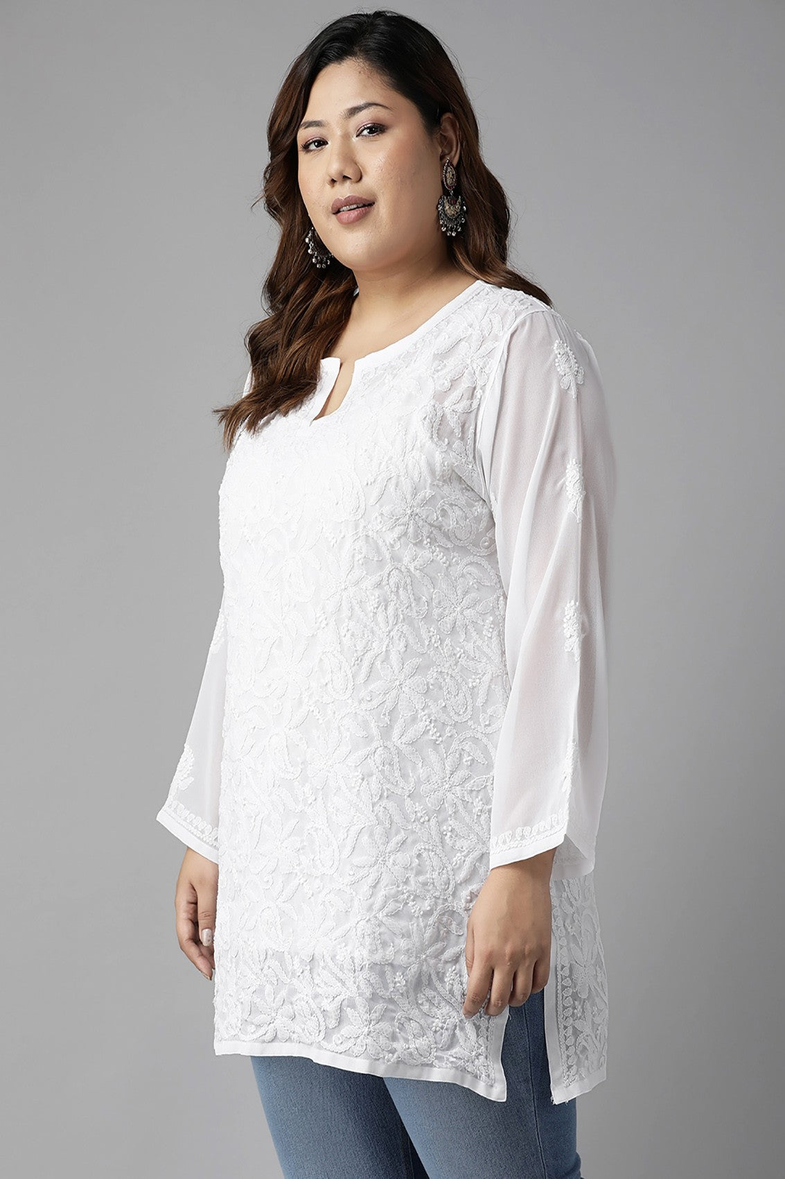 Ada Hand Embroidered White Georgette Lucknowi Chikankari Straight Kurti A911234