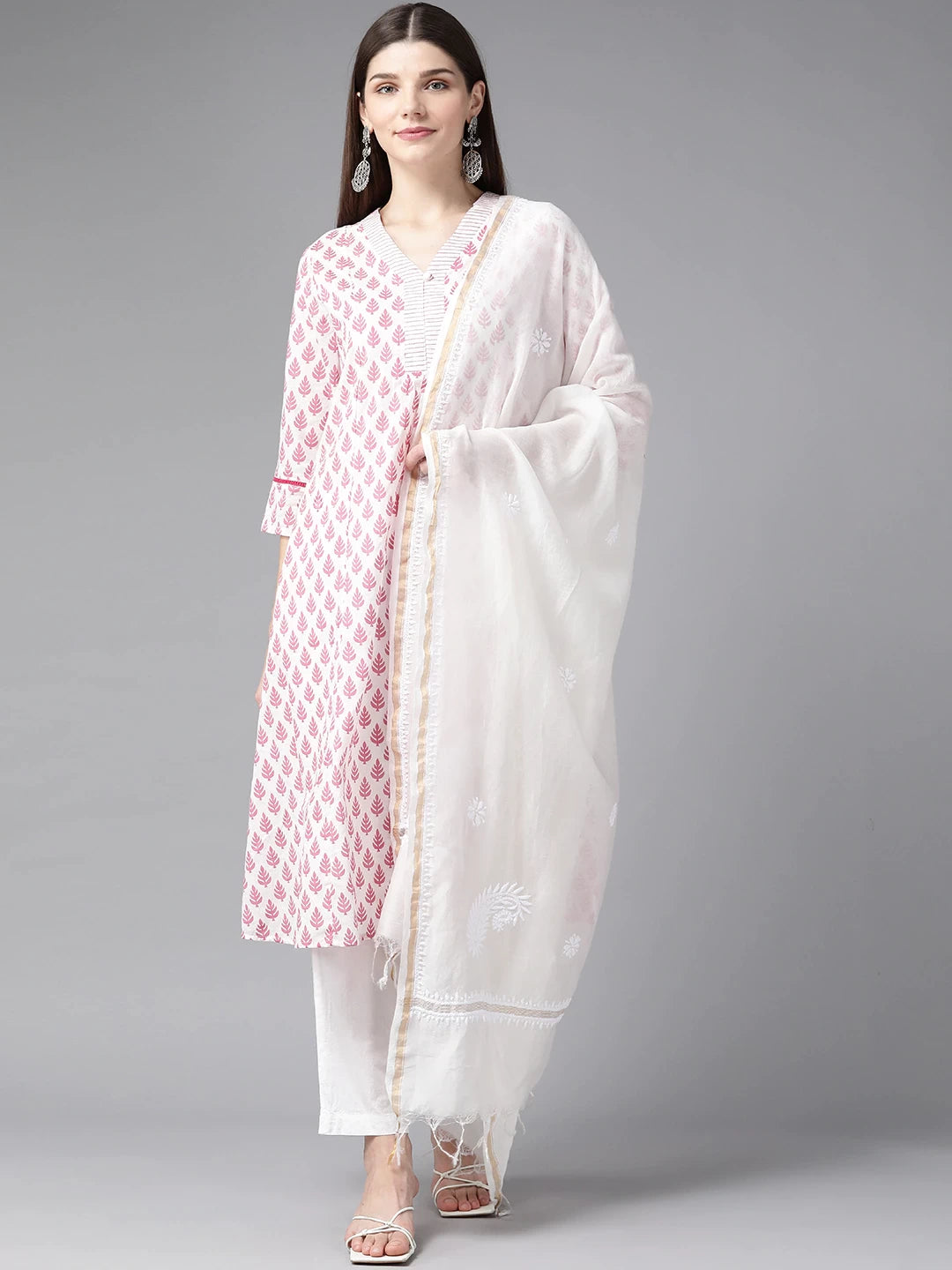 Ada Hand Embroidered Cream Chanderi Lucknowi Chikankari Dupatta -A511198