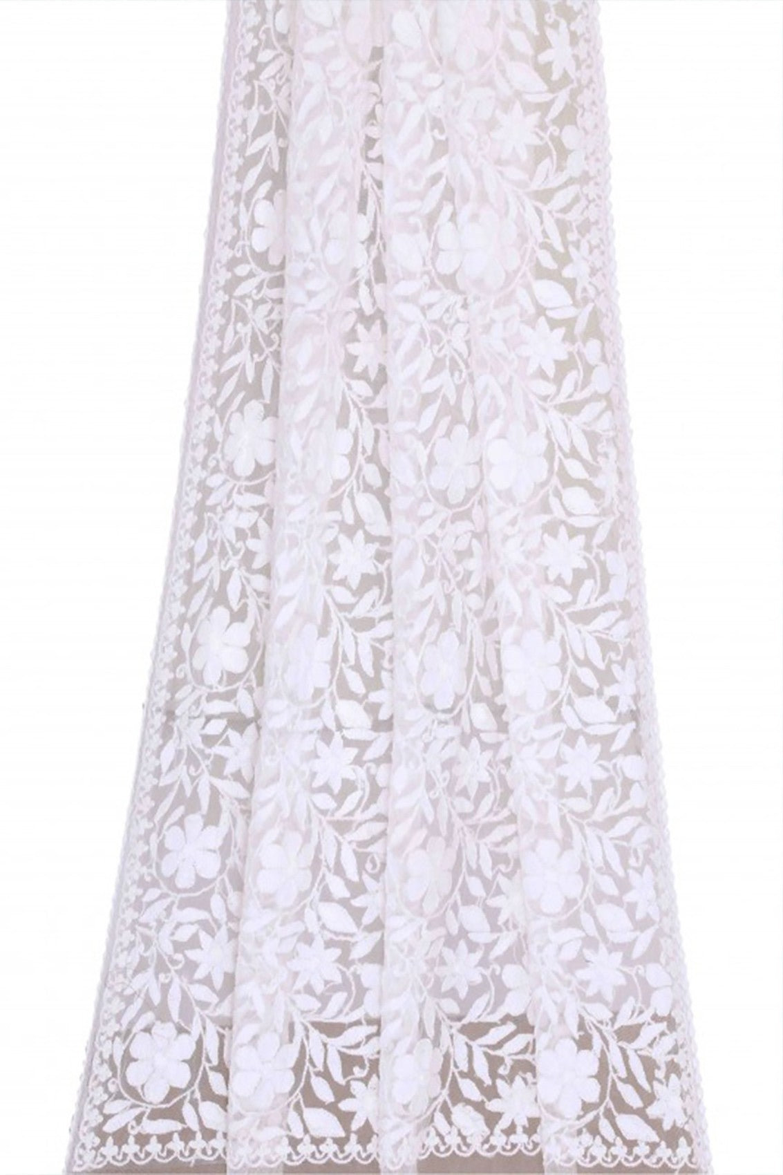 Ada Hand Embroidered White Net Lucknowi Chikankari Dupatta A476416
