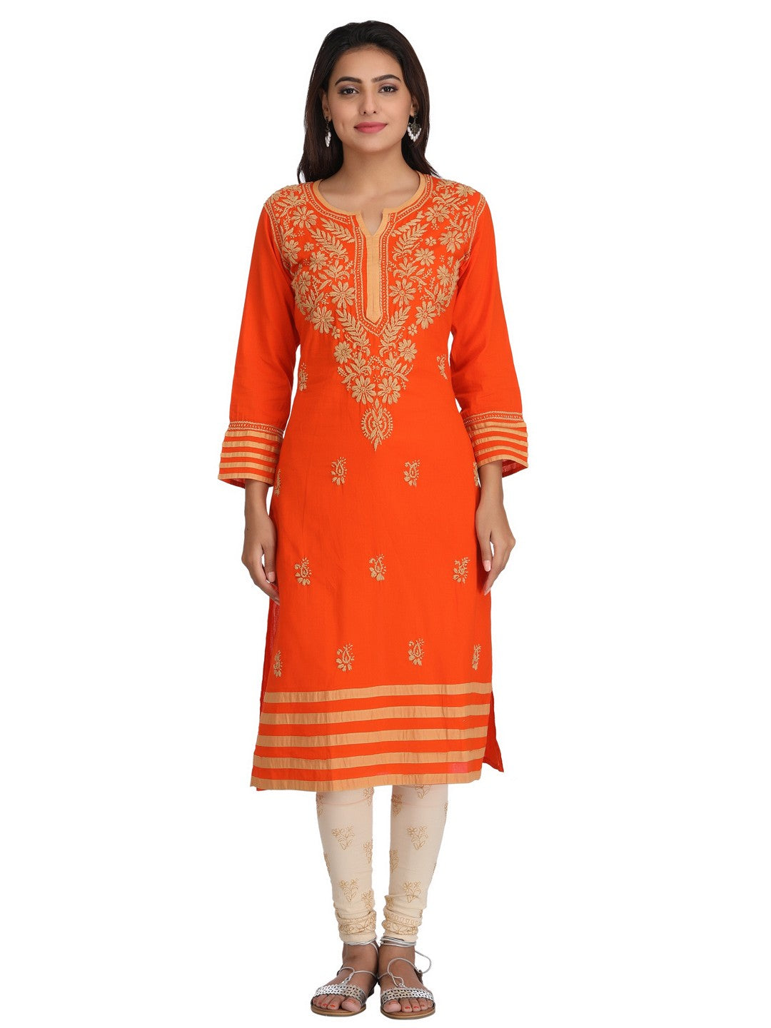 Ada Hand Embroidered Orange Cotton Lucknowi Chikankari Straight  Kurta A226128