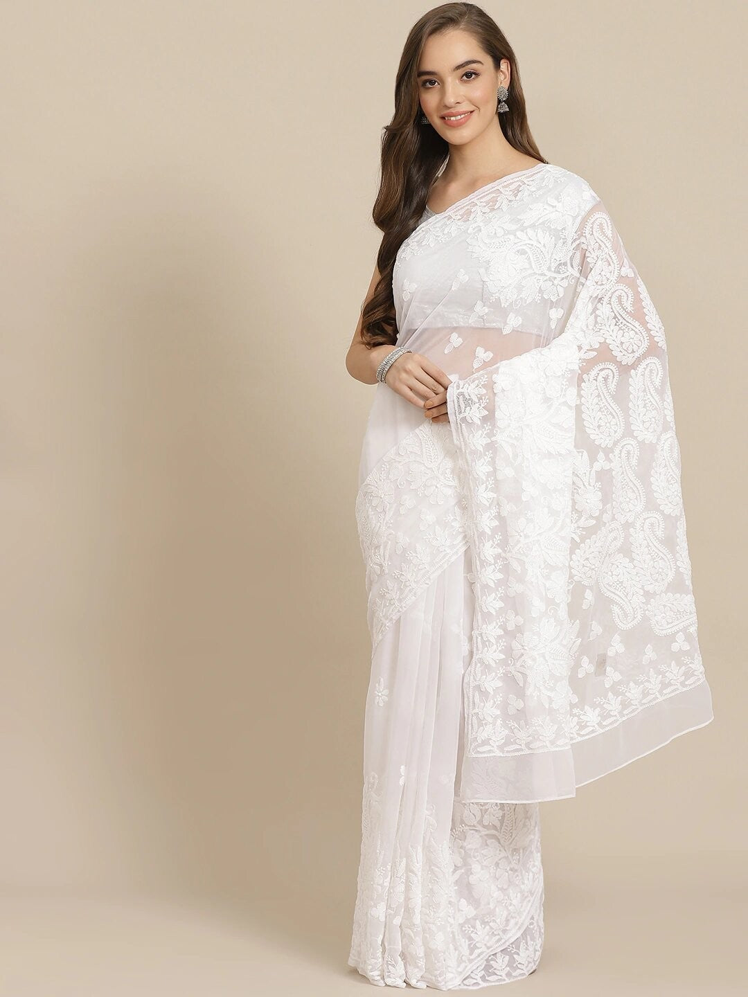 Ada Hand Embroidered White Georgette Lucknow Chikan Saree with Blouse A311264