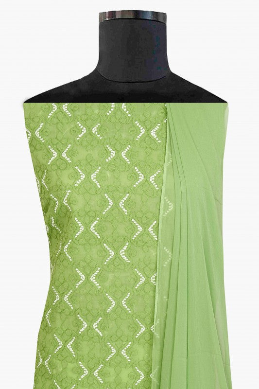 Ada Hand Embroidered Green Cotton Lucknowi Chikan Unstitched Suit Piece-A100178