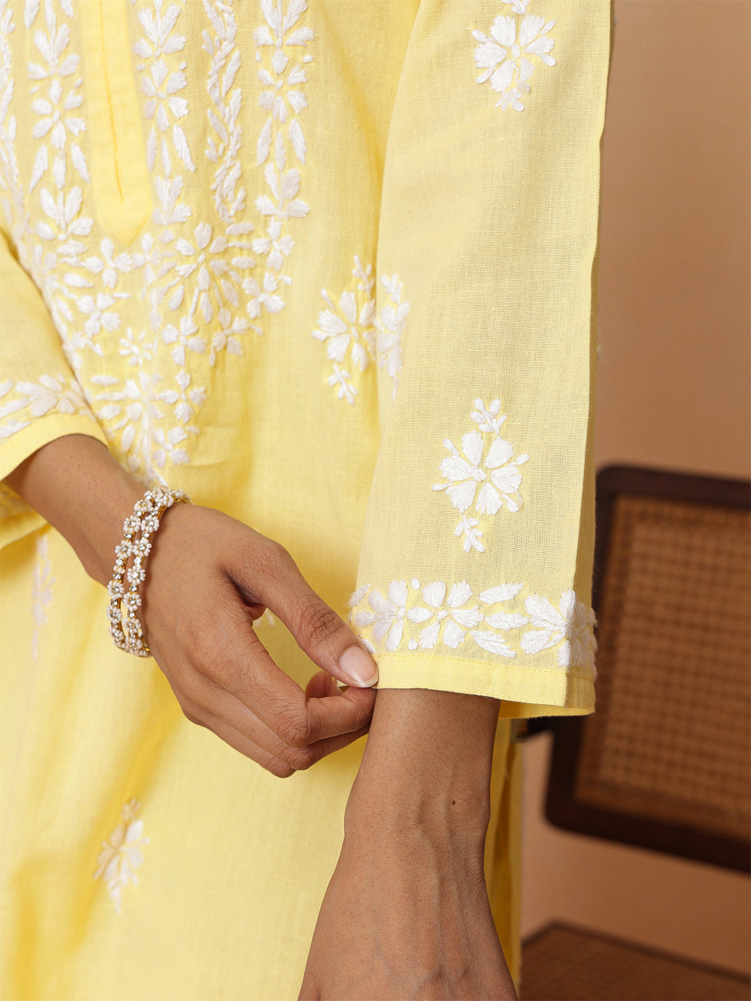 Ada Hand Embroidered Yellow Linen Lucknowi Chikankari Co-Ord Set A811388