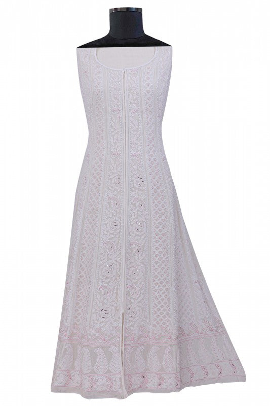 Ada Hand Embroidered White Pure Georgette Lucknowi Chikankari Semi-stitched Anarkali Kurta Dupatta Set With Sequinned & Pearl Work- A623655