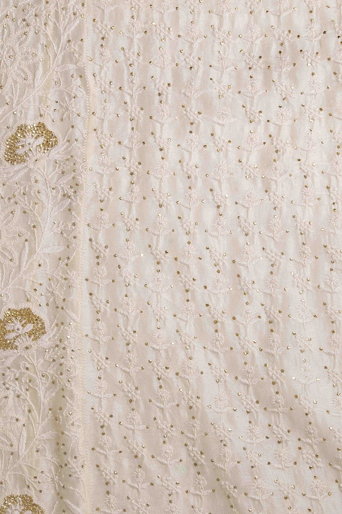 Ada Hand Embroidered Cream Chanderi Lucknowi Chikan Unstitched Kurta Dupatta Set-A595038