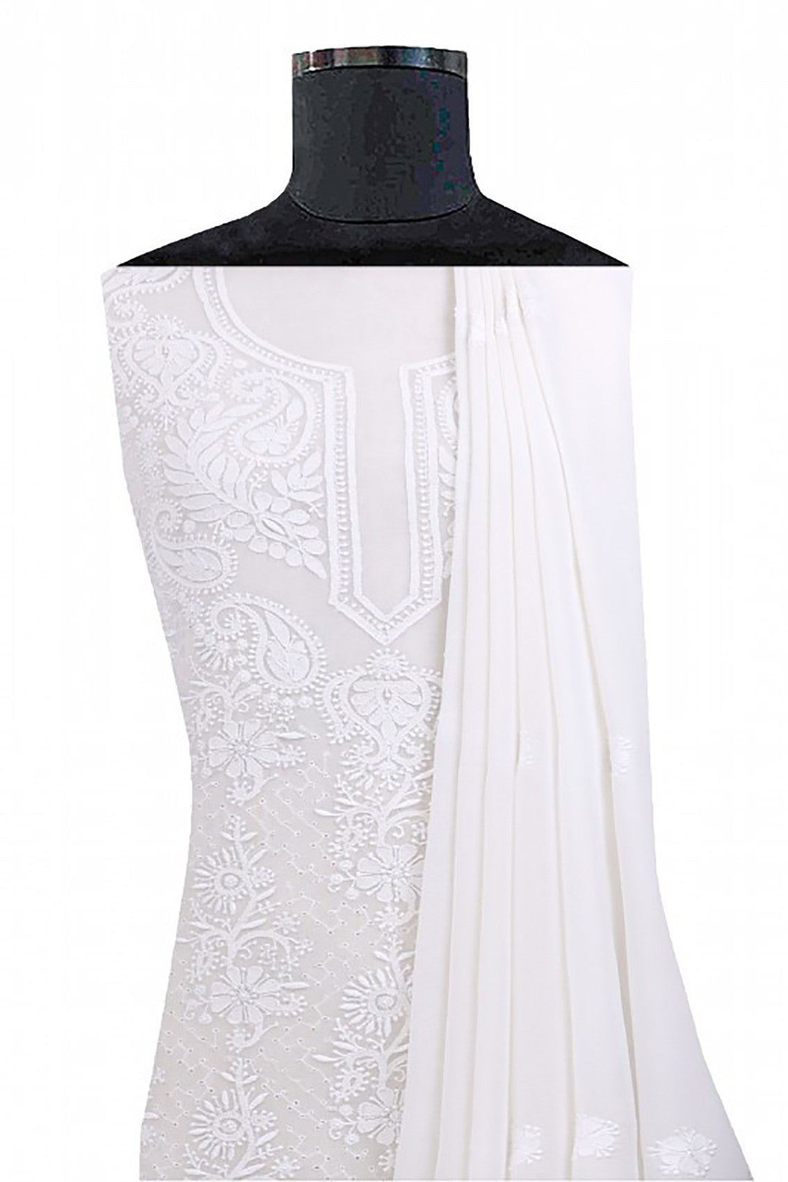 Ada Hand Embroidered White Pure Georgette Lucknowi Chikankari Unstitched Kurta Dupatta Set A593630