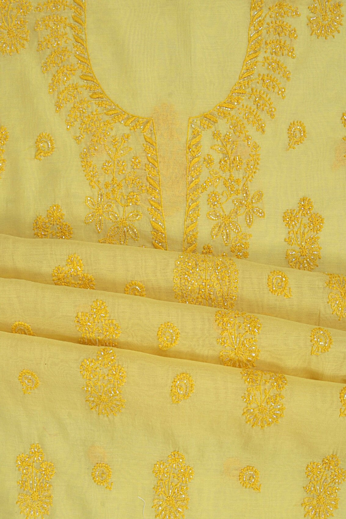 Ada Hand Embroidered Yellow Cotton Lucknowi Chikankari Unstitched Suit Piece With Cutdana Work A615368