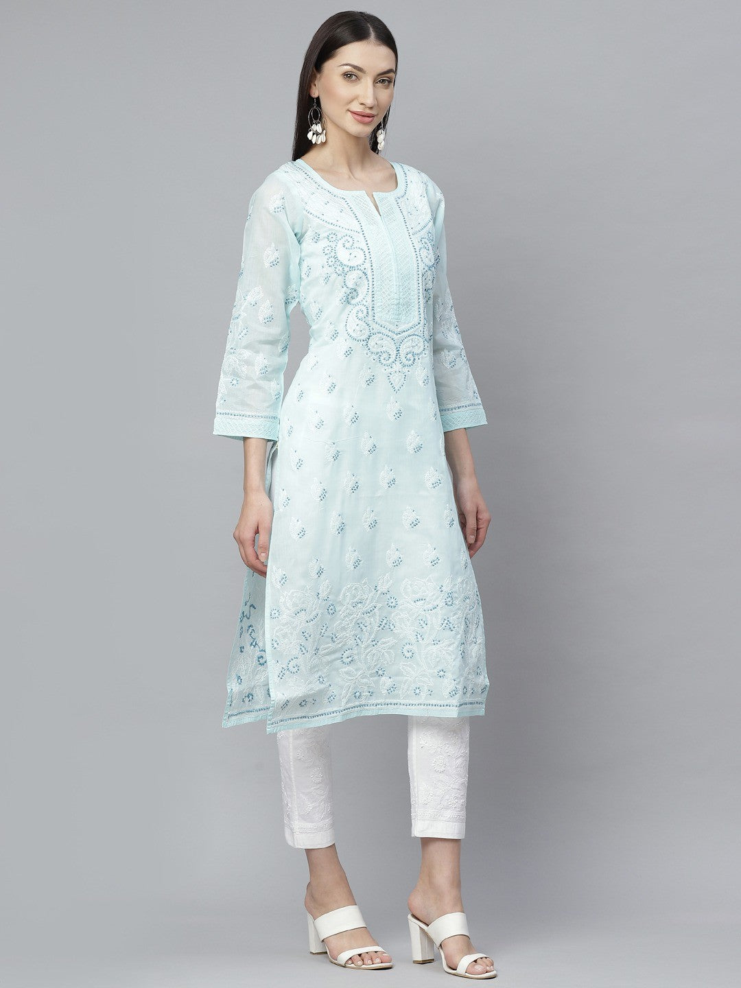 Ada Hand Embroidered Blue Cotton Lucknowi Chikankari Straight Kurta With Trouser Set A811140