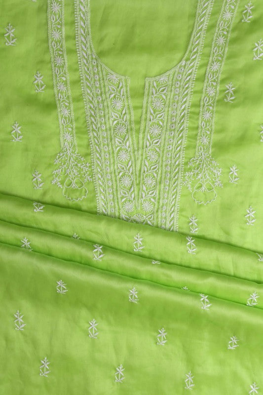 Ada Hand Embroidered Electric Lime Green Organza Chikan Unstitched Kurta Piece-A581354