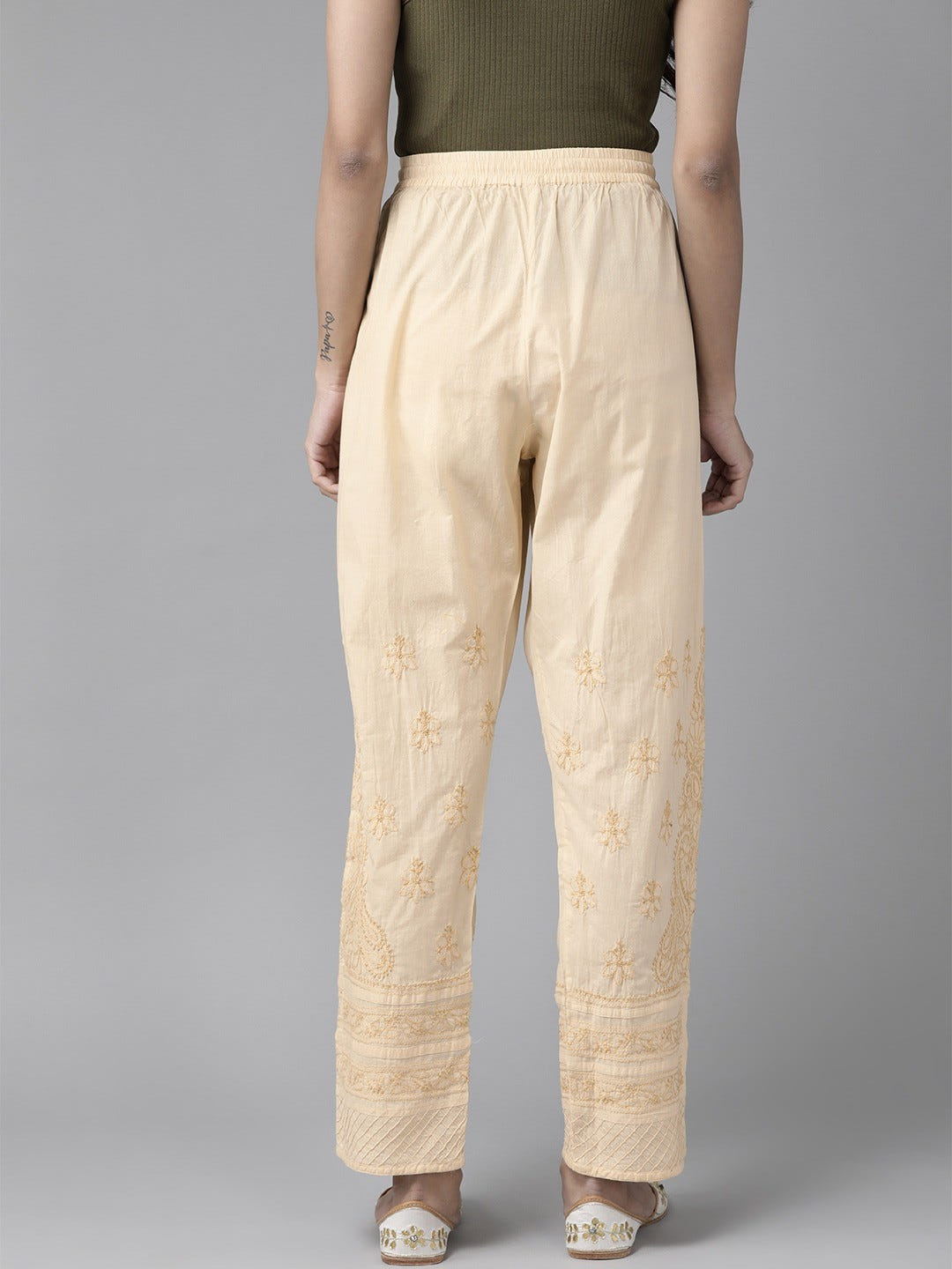Ada Hand Embroidered Fawn Cotton Lucknowi Chikankari Palazzo A711132