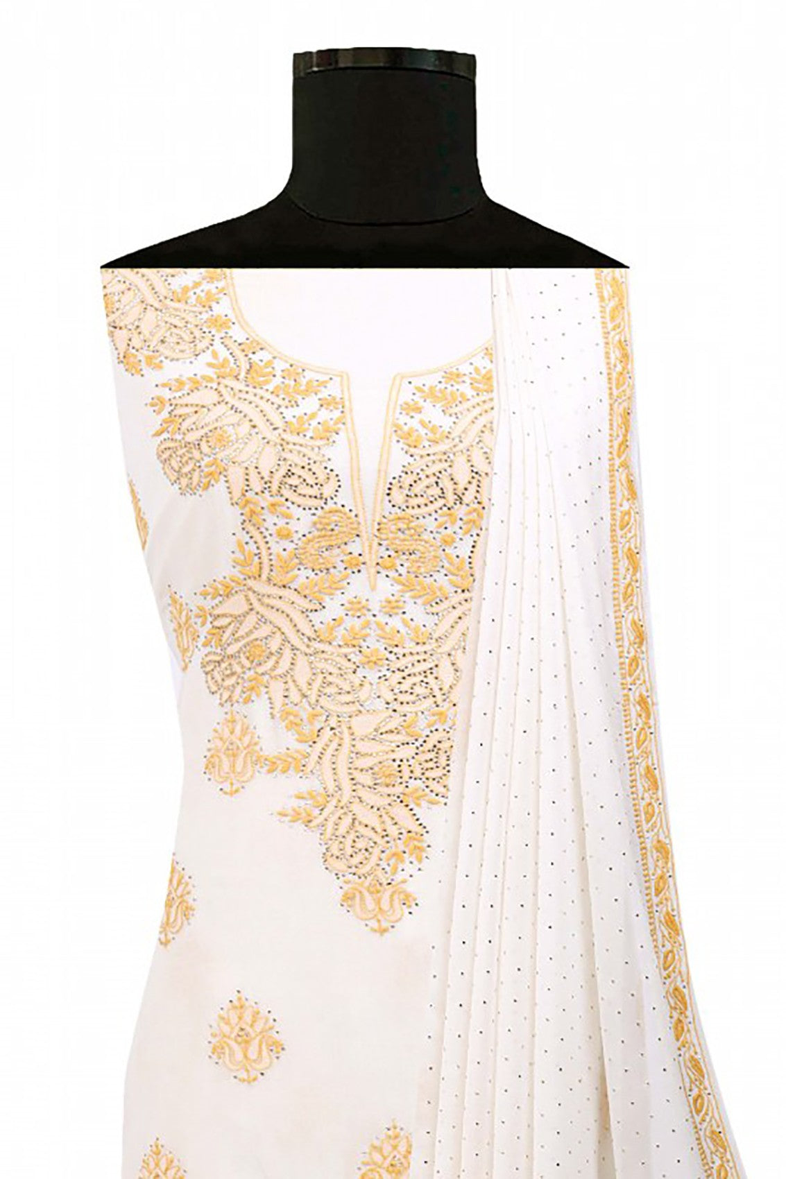 Ada Hand Embroidered White Pure Georegtte Lucknowi Chikankari Unstitched Kurta Dupatta set With Muqaish Work A449855