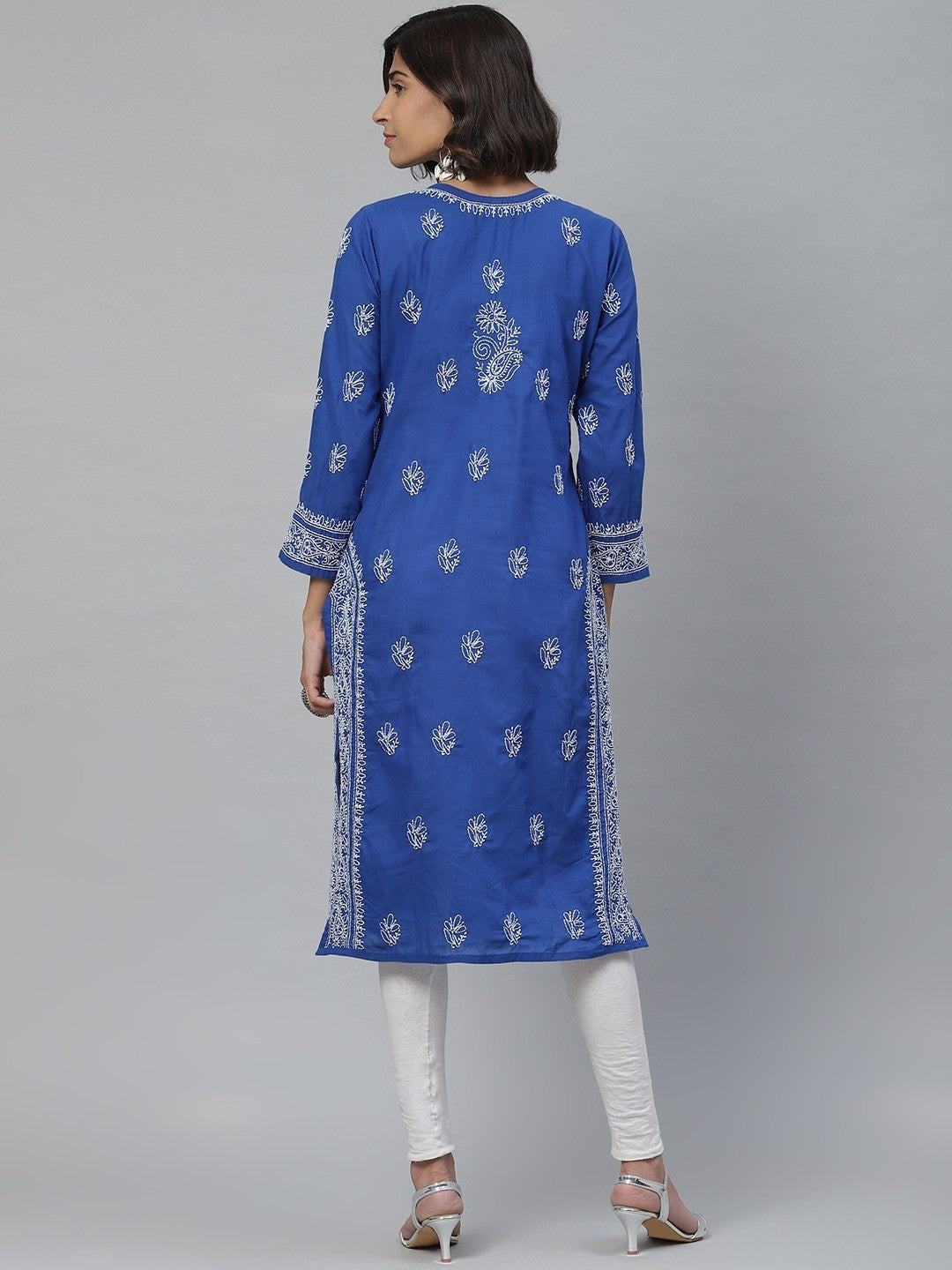 Ada Hand Embroidered Royal Blue Cotton Lucknowi Chikankari Straight Kurta A100458