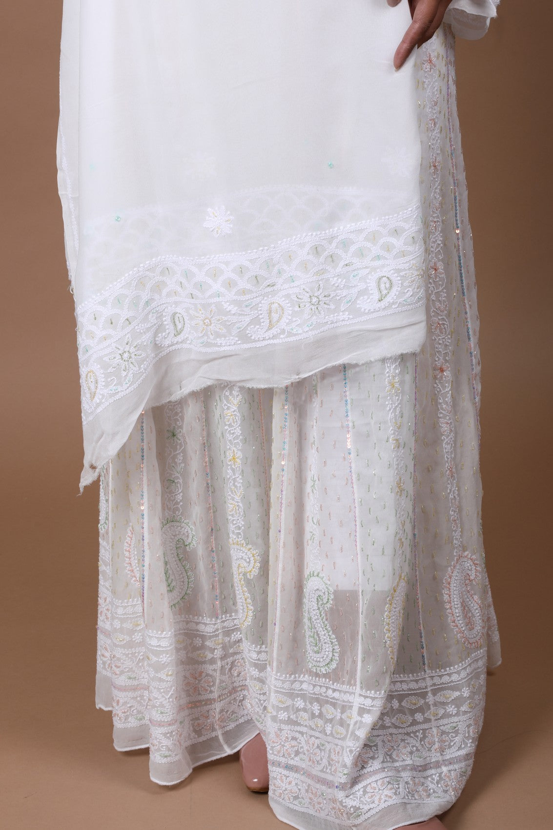 Ada Hand Embroidered White Georgette Lucknowi Chikankari Semi-Stitched Anarkali Kurta Dupatta Set With Sequinned Work 01A260997