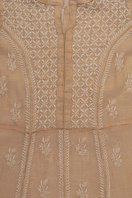 Ada Hand Embroidered Natural Fawn Tissue Lucknowi Chikan Unstitched Kurta Piece With Muqaish Work A597258