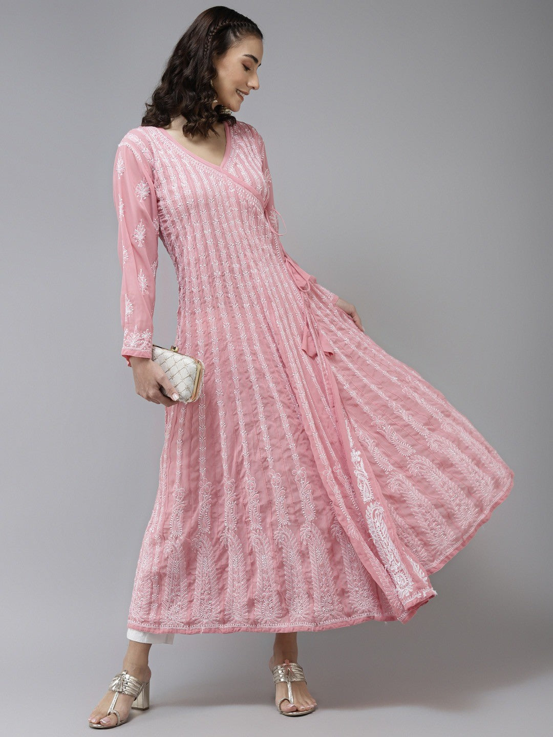 Ada Hand Embroidered Onion Pink Georgette Lucknow Chikankari Anarkali Kurta - A411226