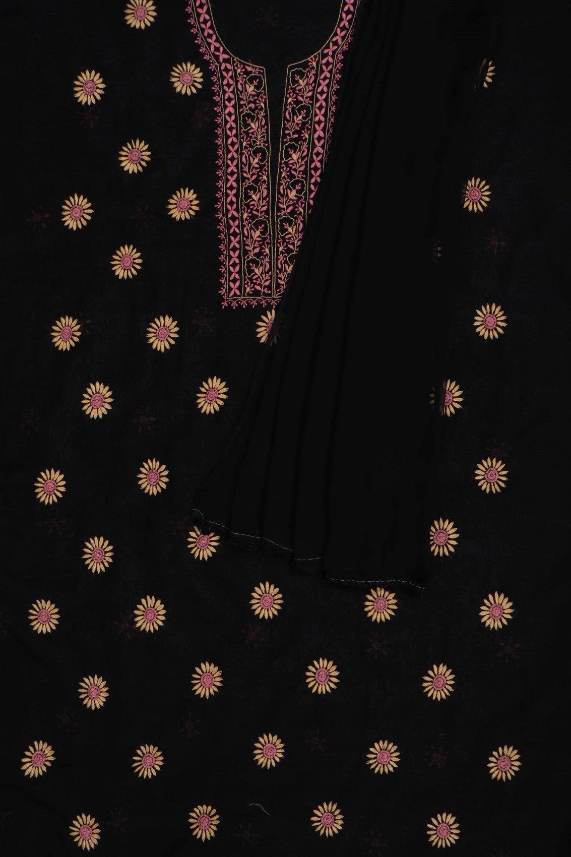 Ada Hand Embroidered Black Chanderi Lucknowi Chikan Unstitched Kurta Dupatta Set A609249