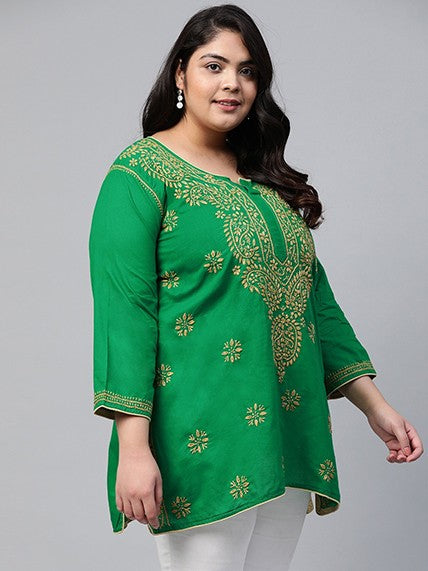 Ada Hand Embroidered Green Cotton Lucknowi Chikankari Straight Kurti A250627