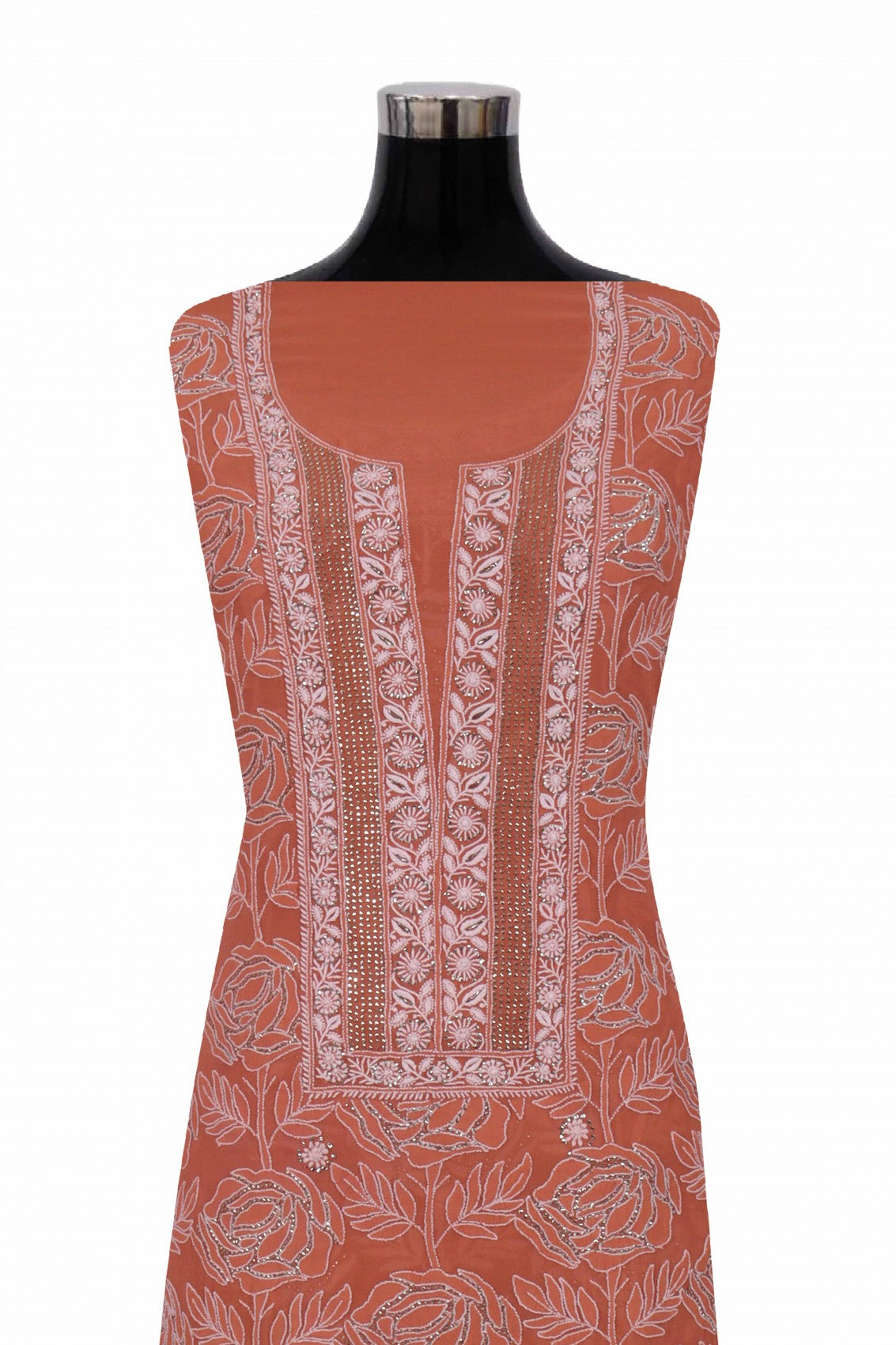 Ada Hand Embroidered Rust Pure Georgette Lucknowi Chikankari Unstitched Suit Piece With Muqaish Work A561330