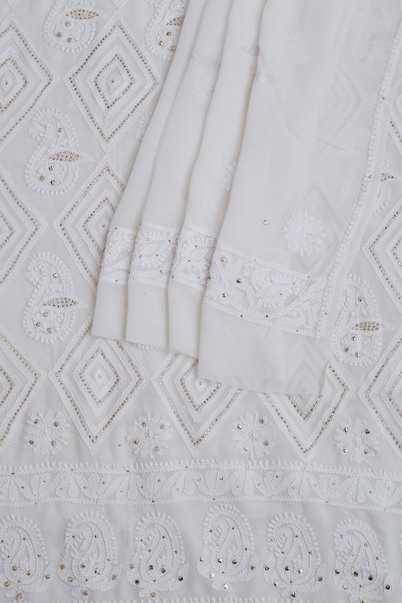 Ada Hand Embroidered White Pure Georgette Chikan Unstitched Kurta Dupatta Set- A589417