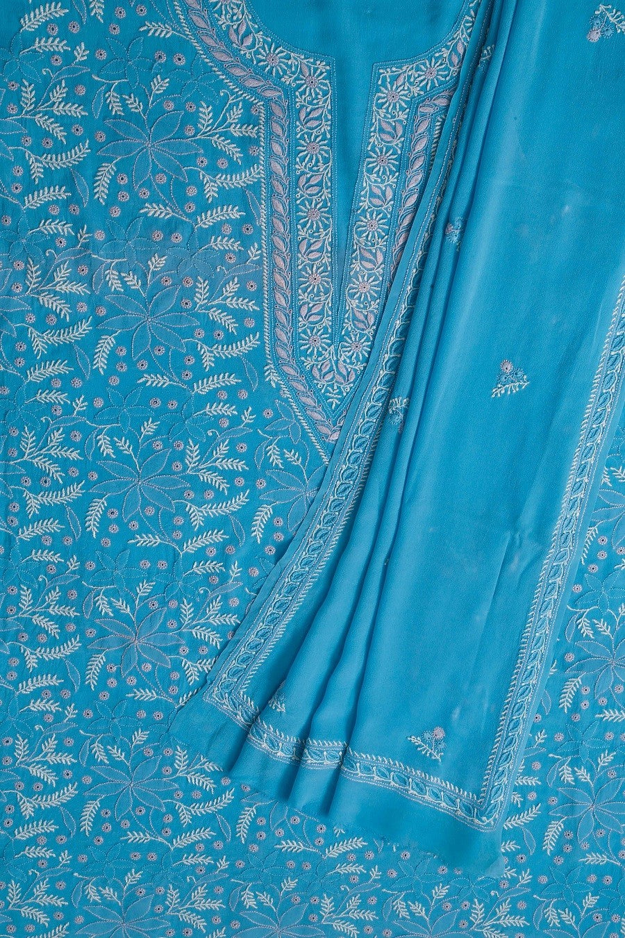 Ada Hand Embroidered Cyan Blue Pure Georgette Lucknowi Chikan Unstitched Kurta Dupatta Set A197413
