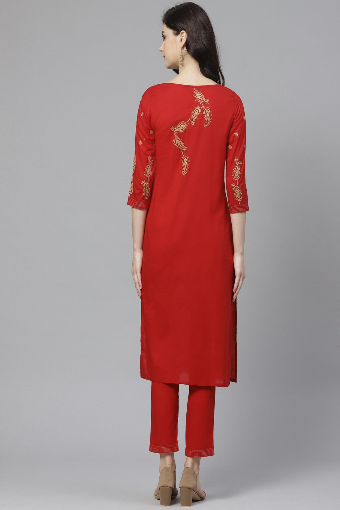 Ada Hand Embroidered Red Cotton Lucknowi Chikankari Kurta/Trouser Set with Muqaish Work A100327