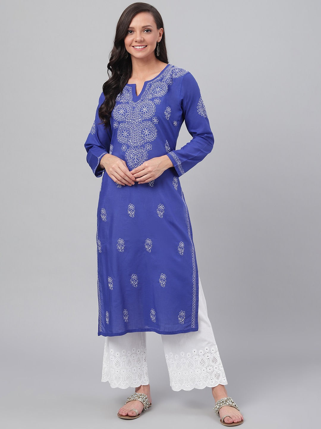 Ada Hand Embroidered Royal Blue Cotton Lucknow Chikan Straight Kurta A100480