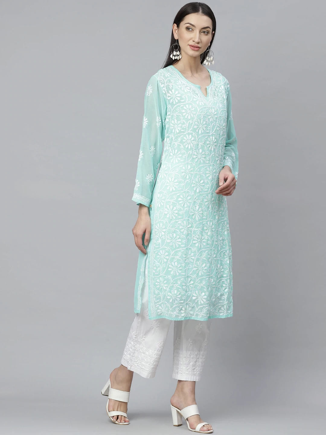 Ada Hand Embroidered Sea Green Georgette Lucknowi Chikankari Kurta Palazzo Set With Slip A811142