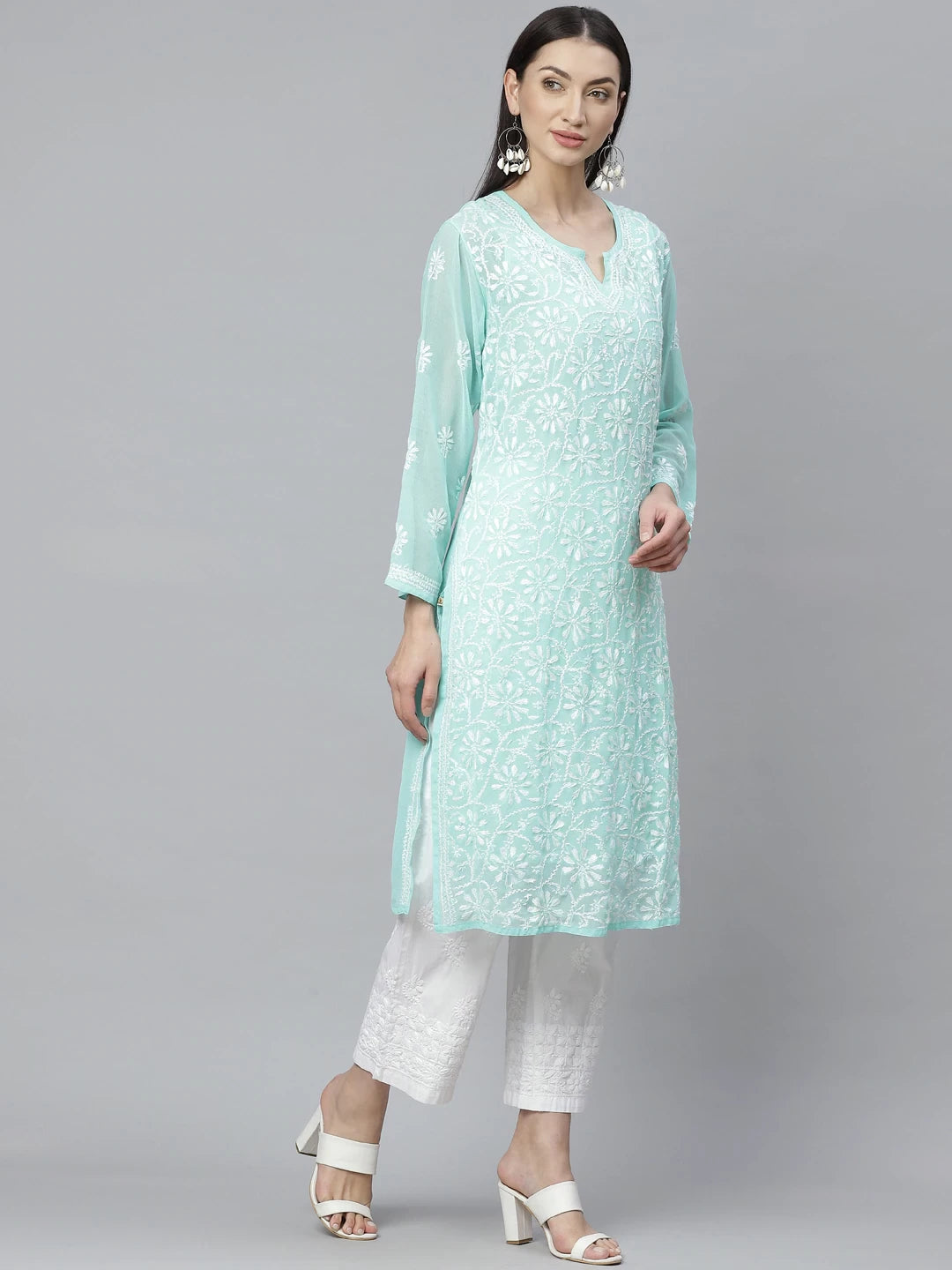 Ada Hand Embroidered Sea Green Georgette Lucknowi Chikankari Kurta Palazzo Set With Slip A811142