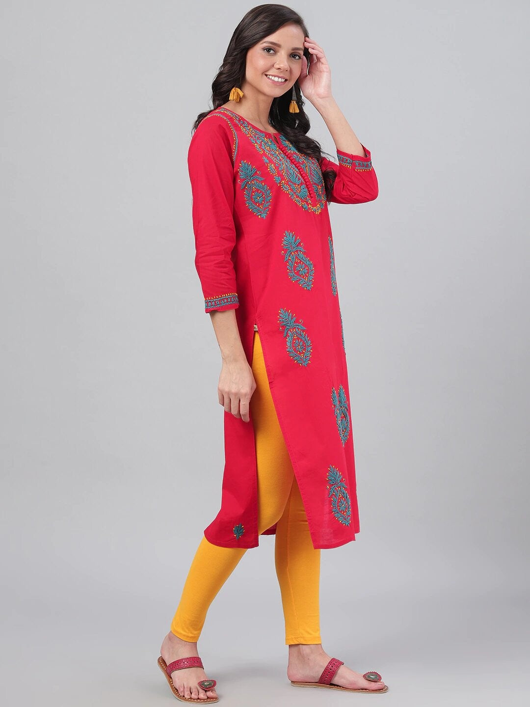 Ada Hand Embroidered Red Cotton Lucknowi Chikankari Straight Kurta A223392