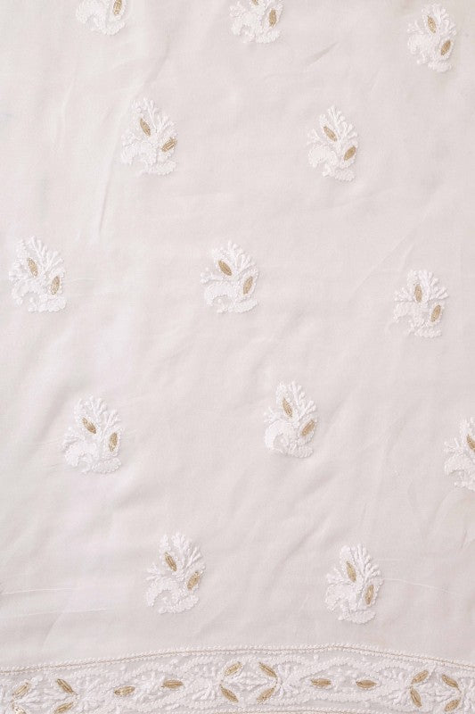 Ada Hand Embroidered White Georgette Lucknowi Chikan Unstitched Kurta Piece with Gota Patti Work A611972