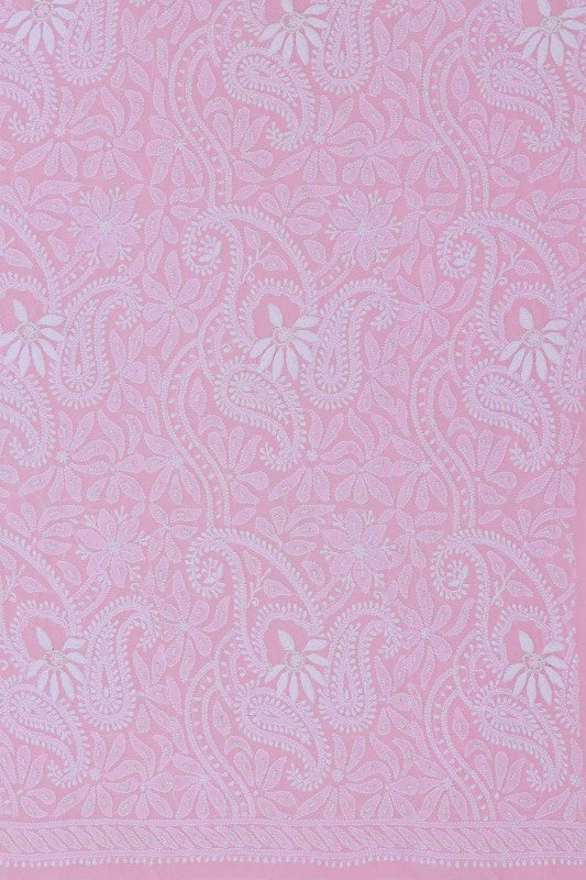 Ada Hand Embroidered Onion Pink Pure Georgette Lucknowi Chikan Unstitched Kurta Dupatta Set with Pearl Work A609230